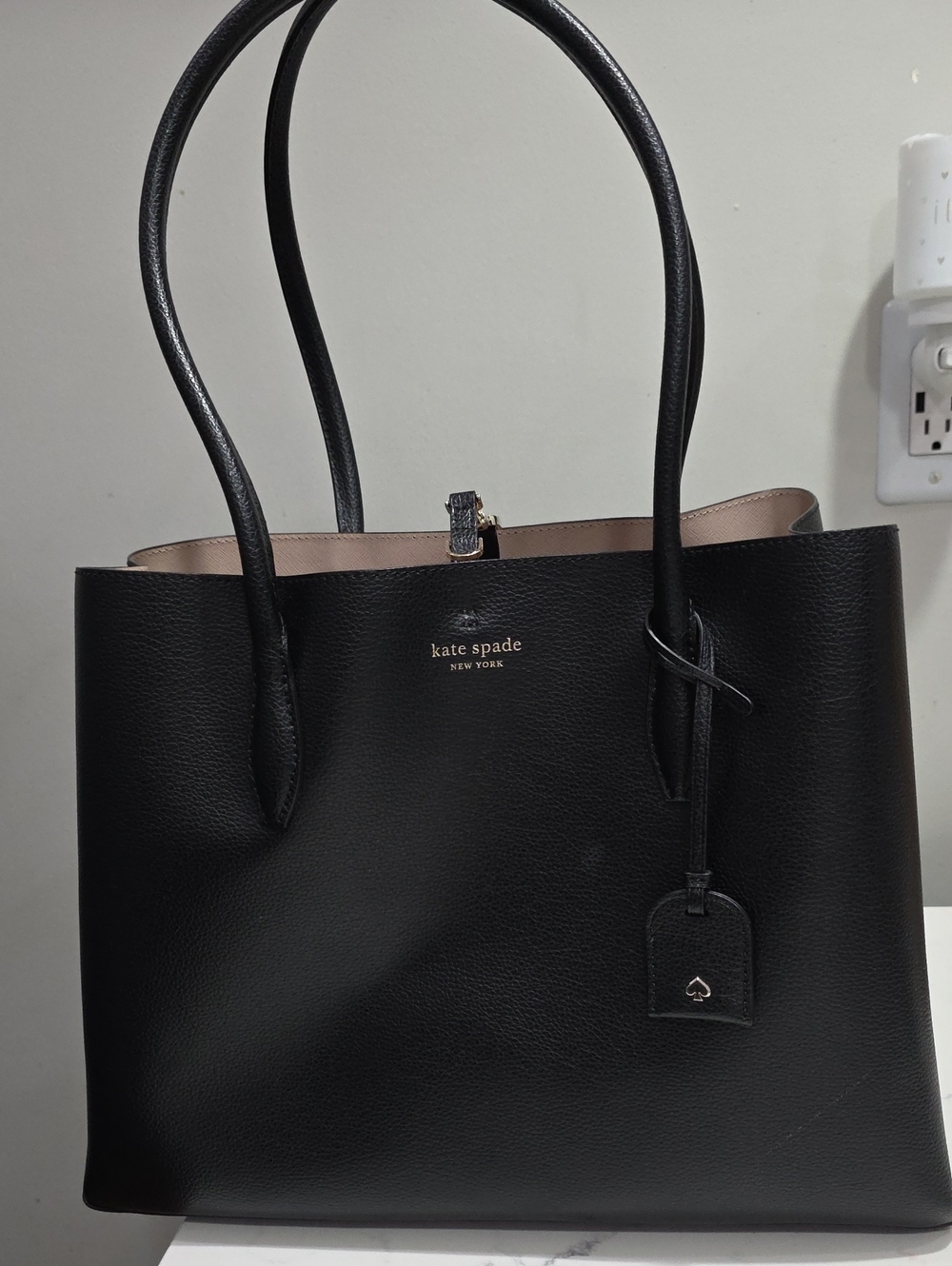 kate spade Black Pebbled Leather Tote with Gold Logo